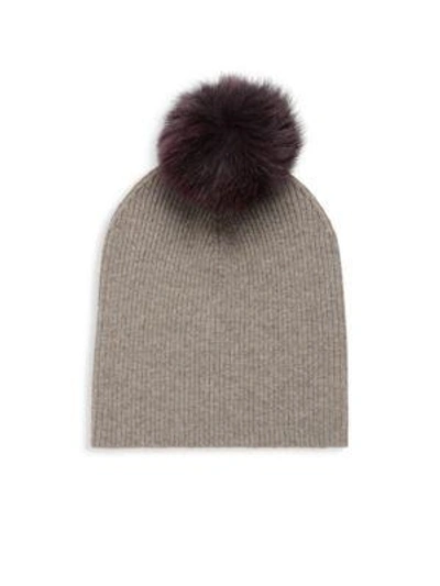 Shop Sofia Cashmere Ribbed Fox Fur And Cashmere Beanie In Plum Taupe