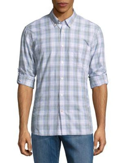 Shop John Varvatos Plaid Casual Button-down Cotton Shirt In Ocean Blue