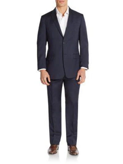 Shop Versace Regular-fit Solid Virgin Wool Suit In Navy Stripe