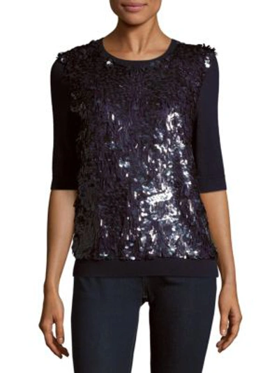 Shop Oscar De La Renta Sequined Virgin Wool & Silk-blend Sweater In Midnight