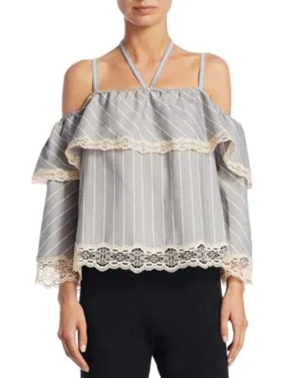 Shop Jonathan Simkhai Striped Off-the-shoulder Blouse In Grey Combo