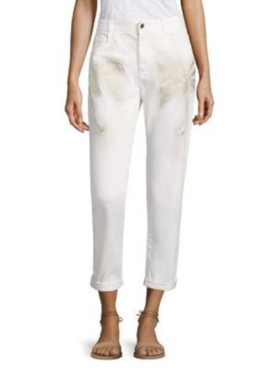 Shop Stella Mccartney Embroidered Cropped Boyfriend Jeans In Optical White