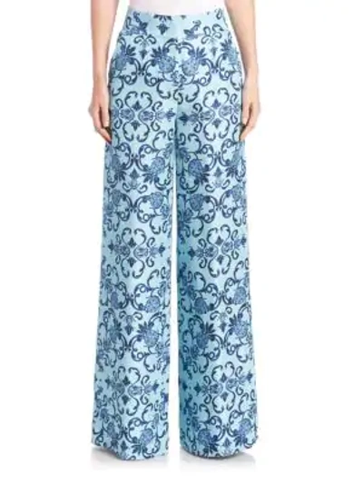 Shop Escada Printed Silk Wide-leg Pants In Heather Light Blue