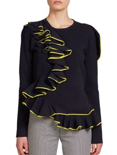 Shop Cedric Charlier Ruffle Knit Sweater In Navy Yellow