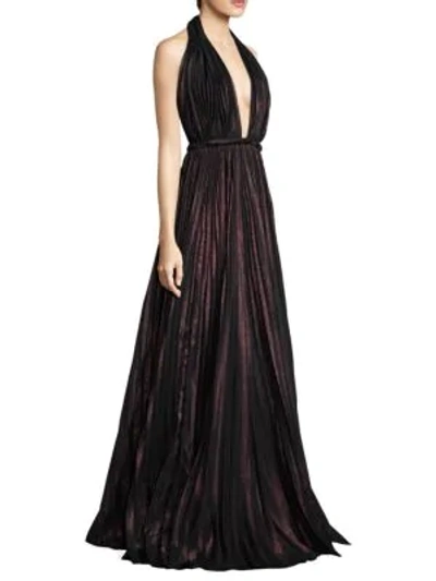 Shop Carmen Marc Valvo Plunging Pleated Flare Gown In Blackberry