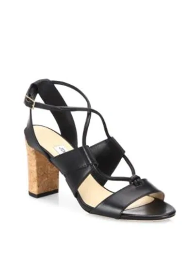 Shop Jimmy Choo Margo 80 Cork-heel Leather Lace-up Sandals In Black