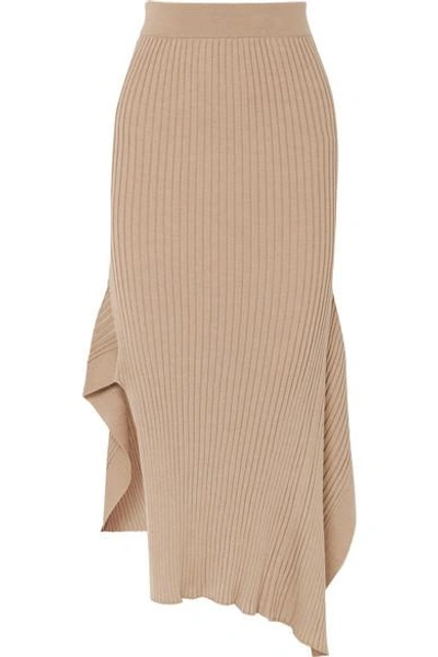 Shop Stella Mccartney Asymmetric Ribbed Wool And Silk-blend Midi Skirt In Camel