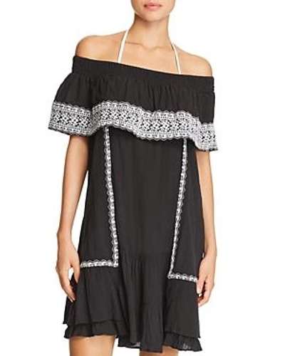 Shop Muche Et Muchette Gavin Embroidered Off-the-shoulder Ruffle Dress Swim Cover-up In Black/white
