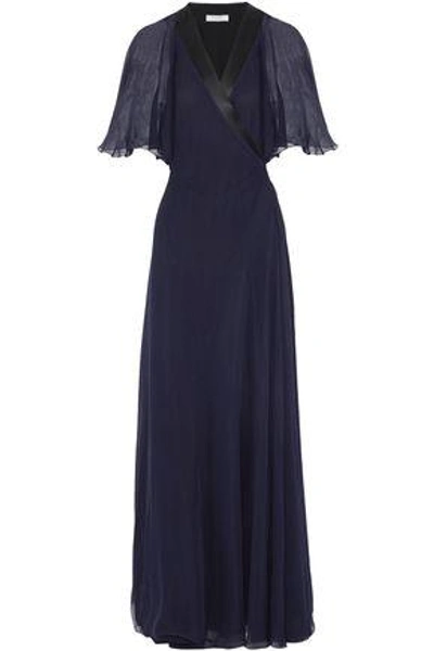 Shop Lanvin Chiffon-paneled Silk Crepe De Chine Wrap Gown In Midnight Blue