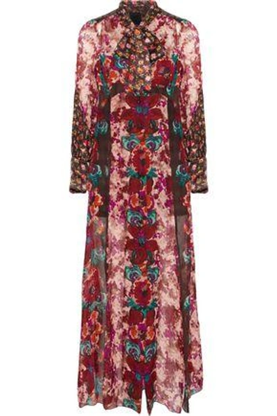 Shop Anna Sui Woman Satin-paneled Floral-print Georgette Midi Dress Chocolate