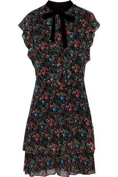 Shop Anna Sui Woman Velvet-trimmed Ruffled Floral-print Silk-chiffon Mini Dress Black