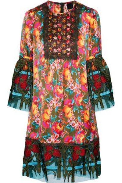 Shop Anna Sui Woman Embroidered Tulle-paneled Printed Silk-blend Dress Multicolor