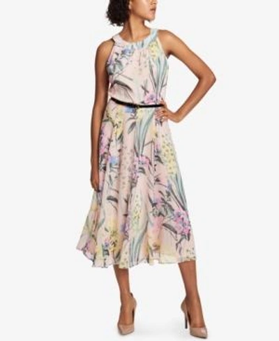 Shop Tommy Hilfiger Belted Floral-print Midi Dress In Powder Multi
