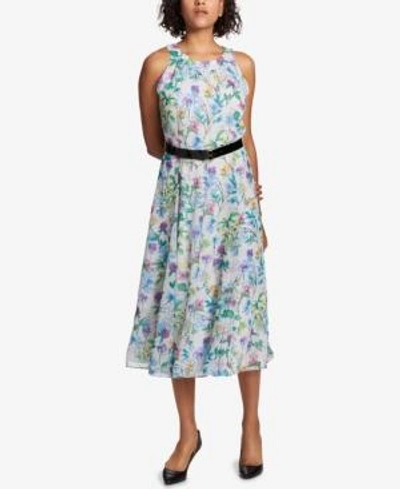 Shop Tommy Hilfiger Belted Floral-print Midi Dress In Blue Floral Multi