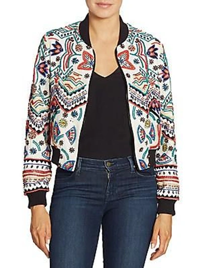 Shop Alice And Olivia Lonnie Embellished Cropped Silk Bomber Jacket In Cream Multi