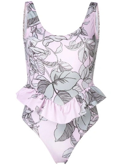 Shop Nos Beachwear Floral Ruffle Hem Swimsuit - Pink & Purple