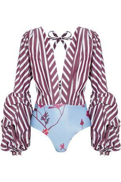 Shop Johanna Ortiz Floure Striped Cotton-blend Poplin And Floral-print Stretch-jersey Bodysuit In Burgundy