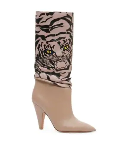 Shop Valentino Leather Tiger Mid-calf Boots In Poudre