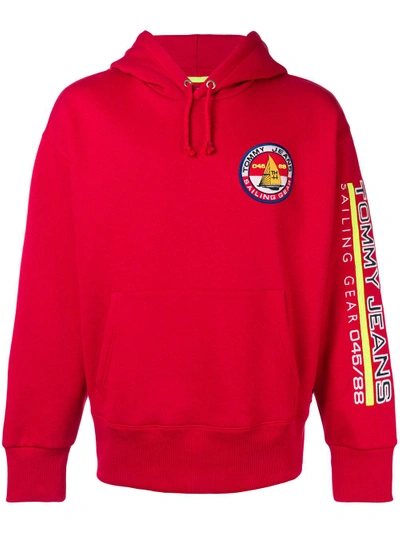 Shop Tommy Jeans Sailing Embroidered Hoodie In Red