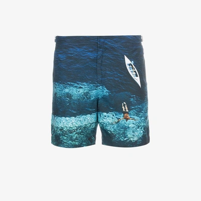 Shop Orlebar Brown Blue Bulldog Printed Swim Shorts