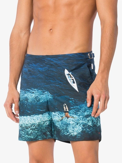 Shop Orlebar Brown Blue Bulldog Printed Swim Shorts