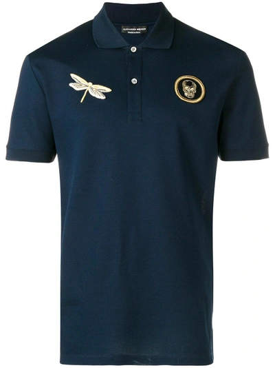 Shop Alexander Mcqueen Dragonfly And Skull Patch Polo Shirt - Blue