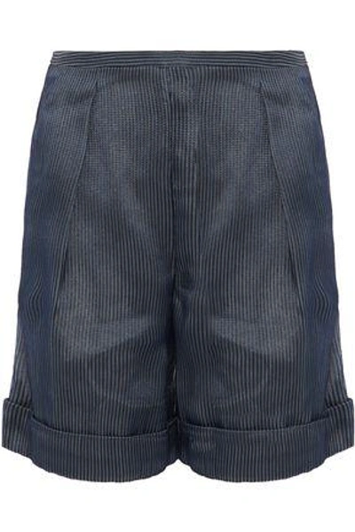 Shop Giorgio Armani Woman Pleated Embroidered Tulle Shorts Navy