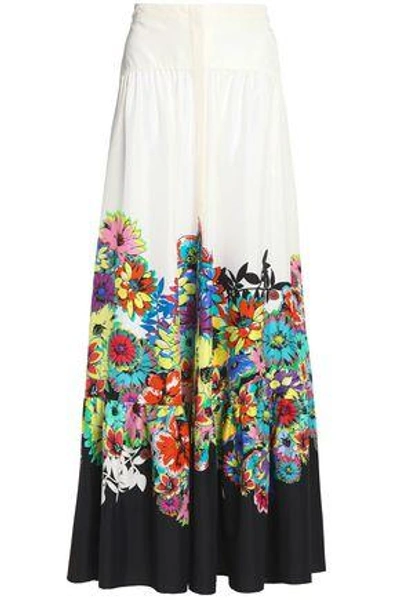 Shop Roberto Cavalli Woman Floral-print Silk Maxi Skirt Off-white