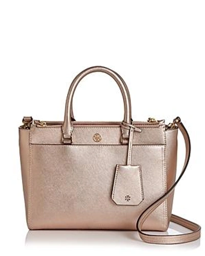 Shop Tory Burch Robinson Small Double Zip Leather Tote In Light Rose Gold/gold