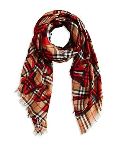 Shop Burberry Marker Text Check Gauze Scarf In Multi