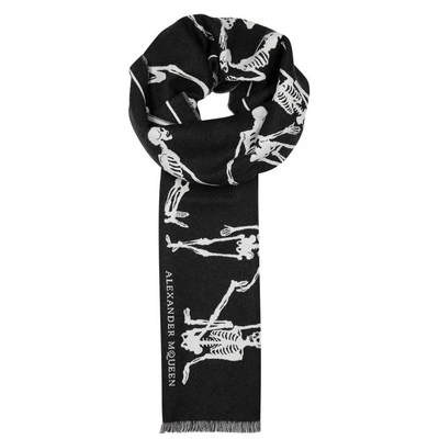 Shop Alexander Mcqueen Dancing Skeleton Wool Jacquard Scarf In Black And Grey