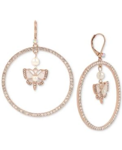 Shop Betsey Johnson Extra Large Rose Gold-tone Crystal & Imitation Pearl Butterfly Drop Hoop Earrings In White