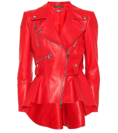Shop Alexander Mcqueen Peplum Leather Jacket In Red