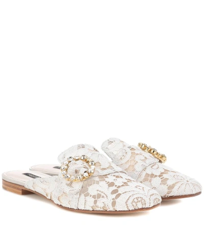 Shop Dolce & Gabbana Embellished Lace Slippers In White