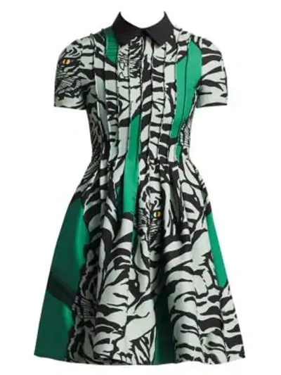 Shop Valentino Tiger-print Peter Pan Collar Fit-&-flare Dress In Green