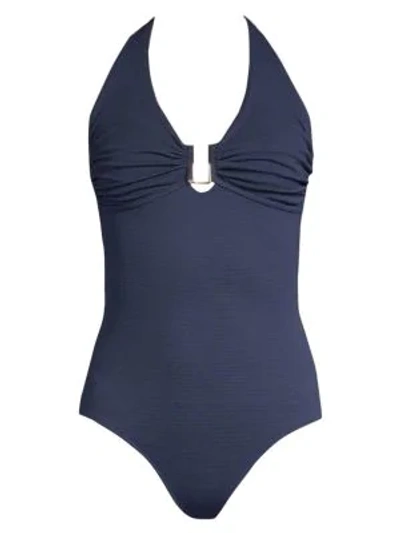 Shop Melissa Odabash One-piece Ruched Swimsuit In Navy Pique