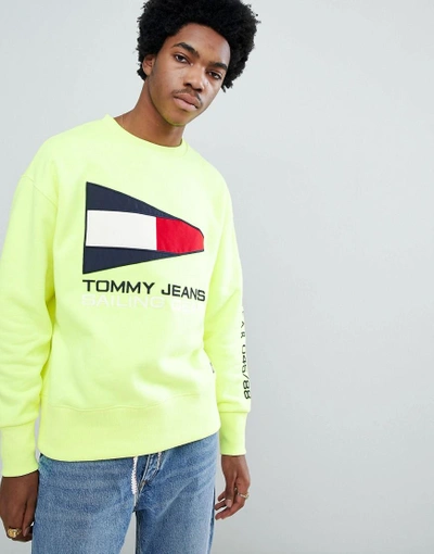 Shop Tommy Jeans 90s Sailing Capsule Flag Logo Crew Neck Sweatshirt In Neon Yellow - Yellow