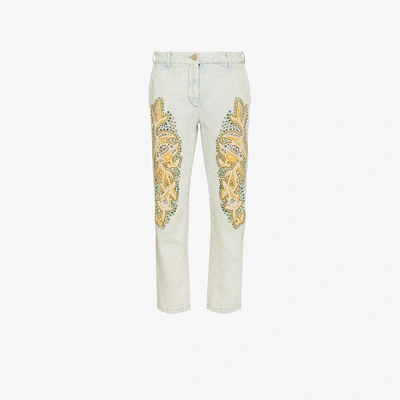 Shop Gucci Crystal Embroidered Denim Jeans In White