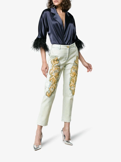 Shop Gucci Crystal Embroidered Denim Jeans In White