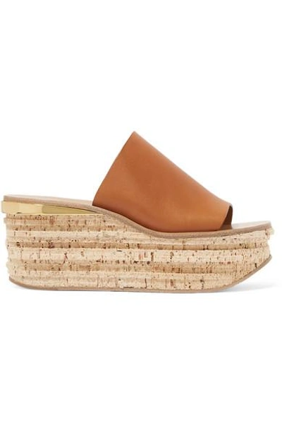 Shop Chloé Camille Leather Wedge Sandals In Tan