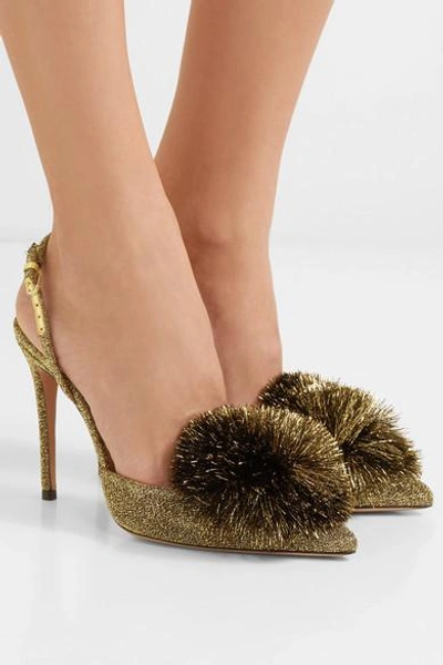 Shop Aquazzura Powder Puff Pompom-embellished Lurex Slingback Pumps In Gold