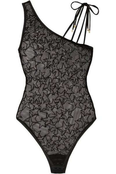 Shop Le Petit Trou Honorine Asymmetric Flocked Stretch-tulle Bodysuit In Black