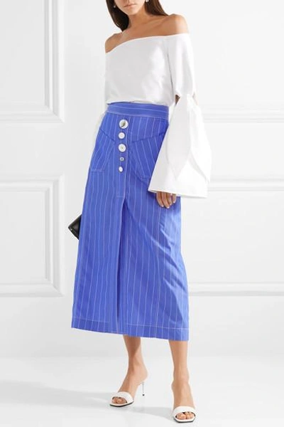 Shop Ellery Aggie Embellished Pinstriped Cotton-poplin Midi Skirt In Blue