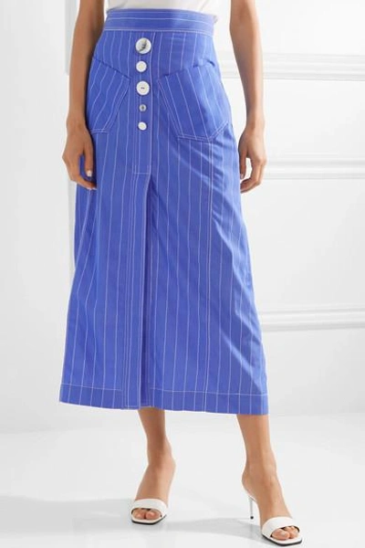 Shop Ellery Aggie Embellished Pinstriped Cotton-poplin Midi Skirt In Blue