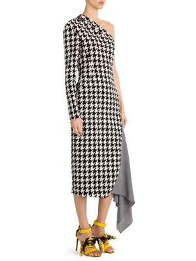 Shop Off-white Houndstooth One-shoulder Dress In Yellow