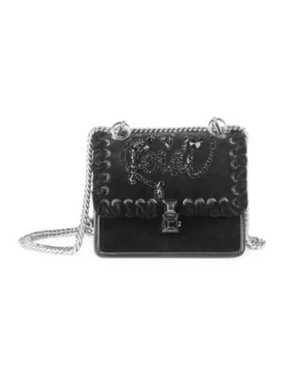 Shop Fendi Small Kan I Embroidered Velvet Shoulder Bag In Black