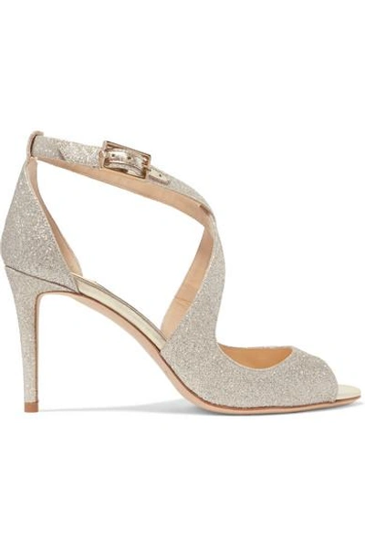 Shop Jimmy Choo Emily 85 Glittered Leather Sandals In Silver