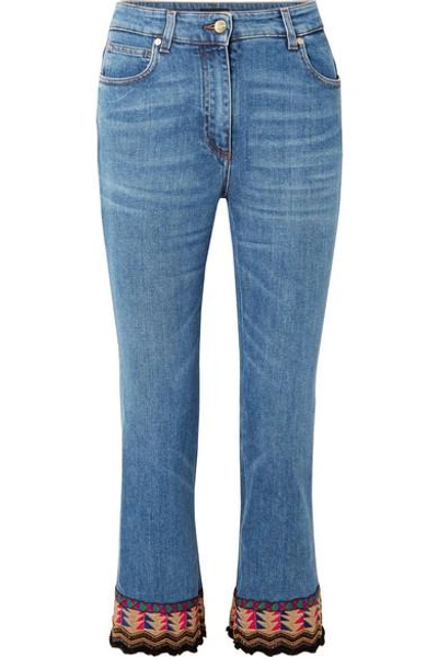 Shop Etro Cropped Embroidered High-rise Flared Jeans In Blue
