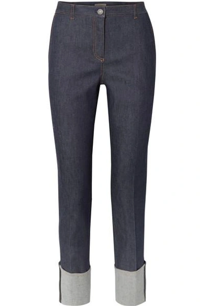 Shop Bottega Veneta Leather-trimmed High-rise Straight-leg Jeans In Dark Denim