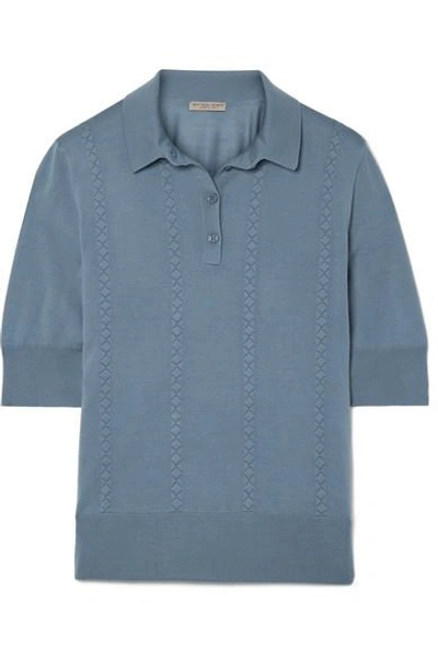 Shop Bottega Veneta Intrecciato-trimmed Wool Polo Shirt In Blue